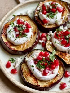 Close up of Greek Roasted Eggplant rounds showing deep purple skin and golden-brown charred flesh.