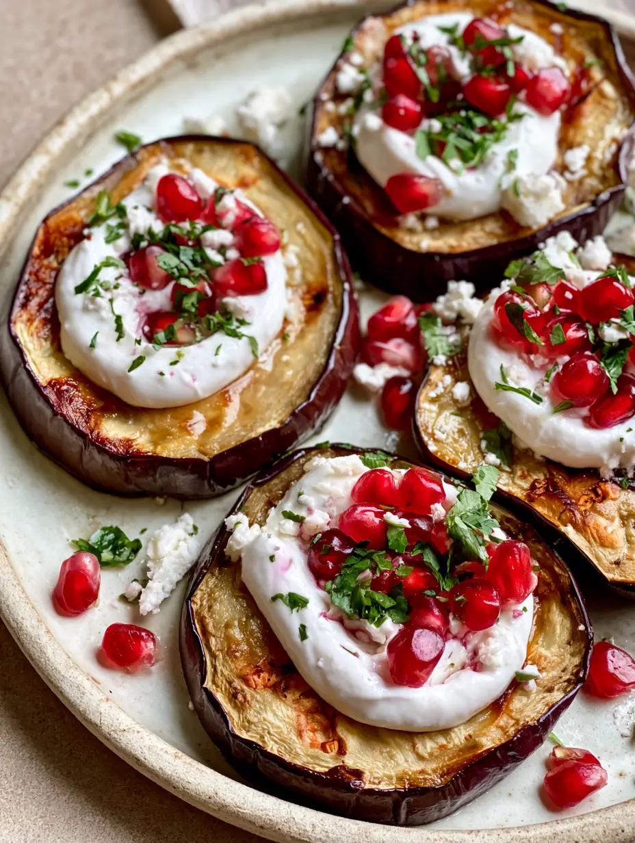 Greek Roasted Eggplant with Creamy Yogurt and Pomegranate 4 Close up of Greek Roasted Eggplant rounds showing deep purple skin and golden-brown charred flesh.