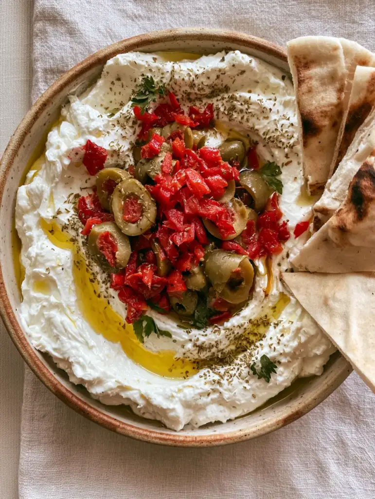Green Olive Dip with Whipped Feta and Roasted Red Peppers 1 Close up of charred pita bread dipped into a creamy Green Olive Dip with extra virgin olive oil drizzle.