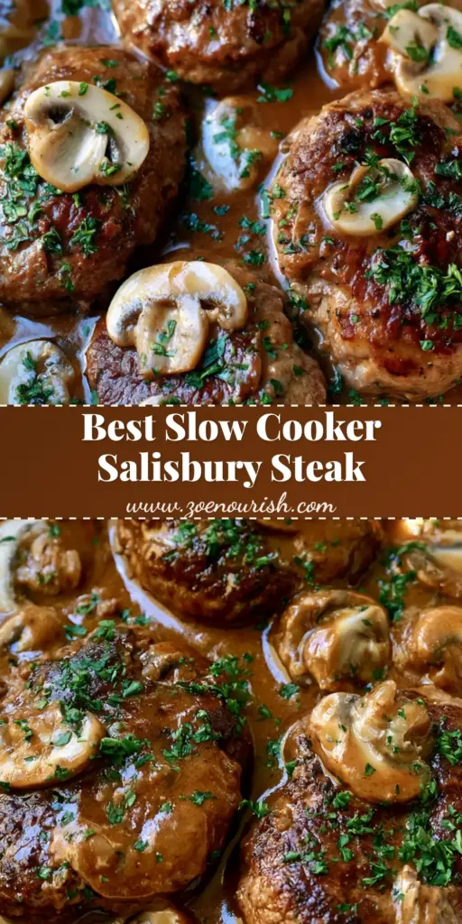 Crockpot Salisbury Steak: The Ultimate Juicy Seared Beef & Mushroom Gravy 3 A top-down view of Crockpot Salisbury Steak featuring seared oval beef patties in a thick glossy mushroom gravy inside a white ceramic pot.