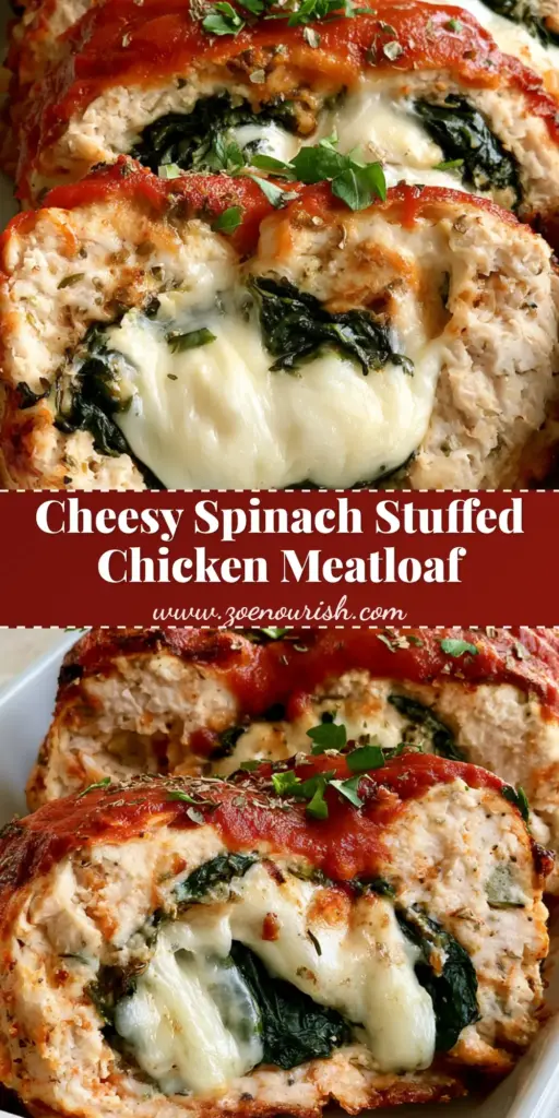 Parmesan Chicken Meatloaf with Spinach and Mozzarella 3 Thick slices of Parmesan Chicken Meatloaf on a white plate showing the molten mozzarella and spinach center with a red marinara glaze.