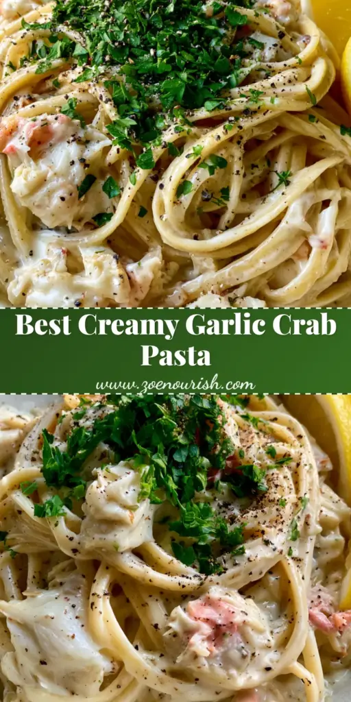 Crab Pasta Recipe with Creamy Garlic Sauce and Lump Crab 4 A top-down view of a rustic ceramic bowl filled with glossy Crab Pasta Recipe, topped with parsley and black pepper.