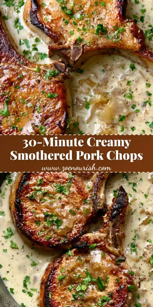 Creamy Smothered Pork Chops: The Ultimate Cast Iron Comfort Food 3 A close-up shot of Creamy Smothered Pork Chops in a cast iron skillet, featuring golden-brown meat and thick onion gravy garnished with parsley.