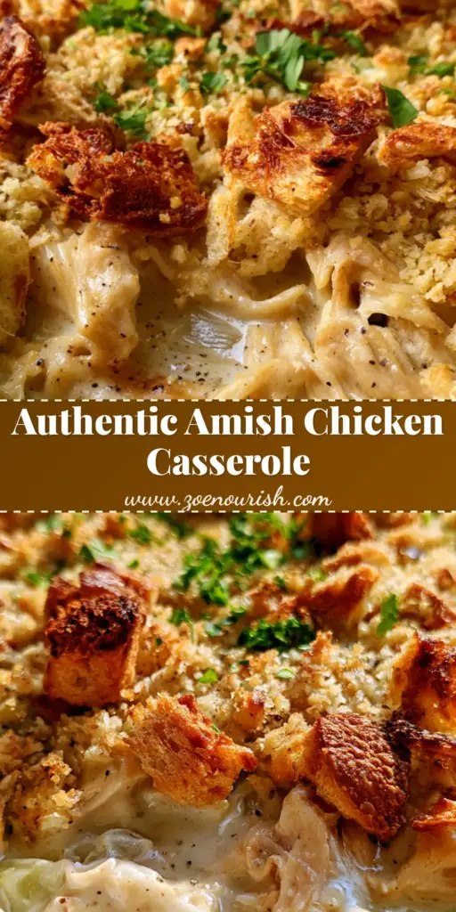 Amish Chicken Casserole: The Ultimate Old-Fashioned Comfort Food 3 A close-up of Amish Chicken Casserole in a white dish with golden-brown breadcrumbs and fresh parsley garnish.