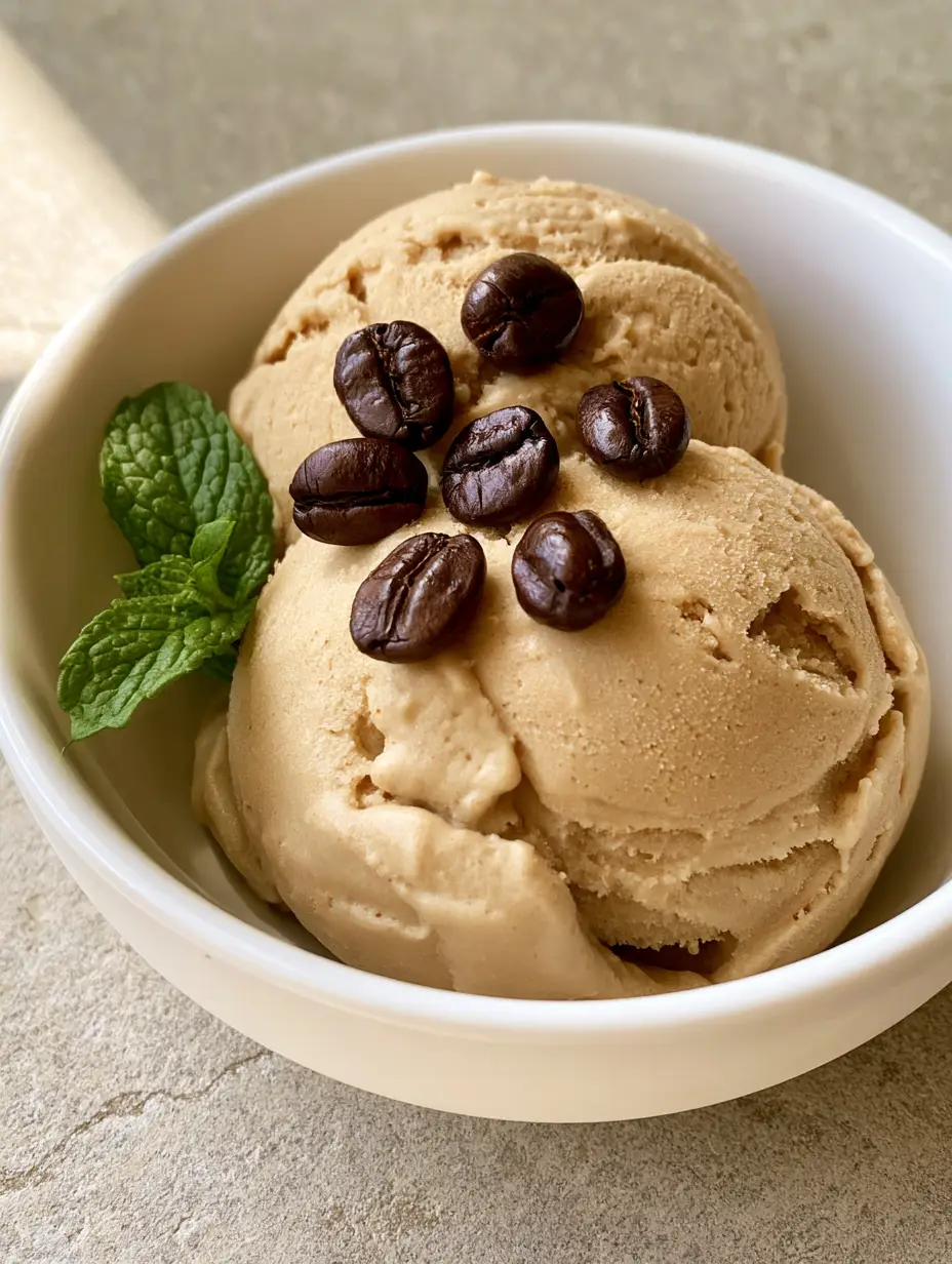Italian Coffee Gelato: The Ultimate Creamy Homemade Recipe 3 Close-up of light-tan Italian Coffee Gelato scoops with glossy coffee beans in a white bowl.