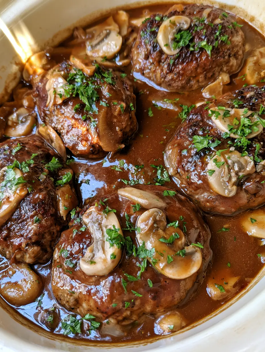 Crockpot Salisbury Steak: The Ultimate Juicy Seared Beef & Mushroom Gravy 4 Close-up of seared beef patties submerged in thick brown mushroom gravy with fresh parsley (Crockpot Salisbury Steak).