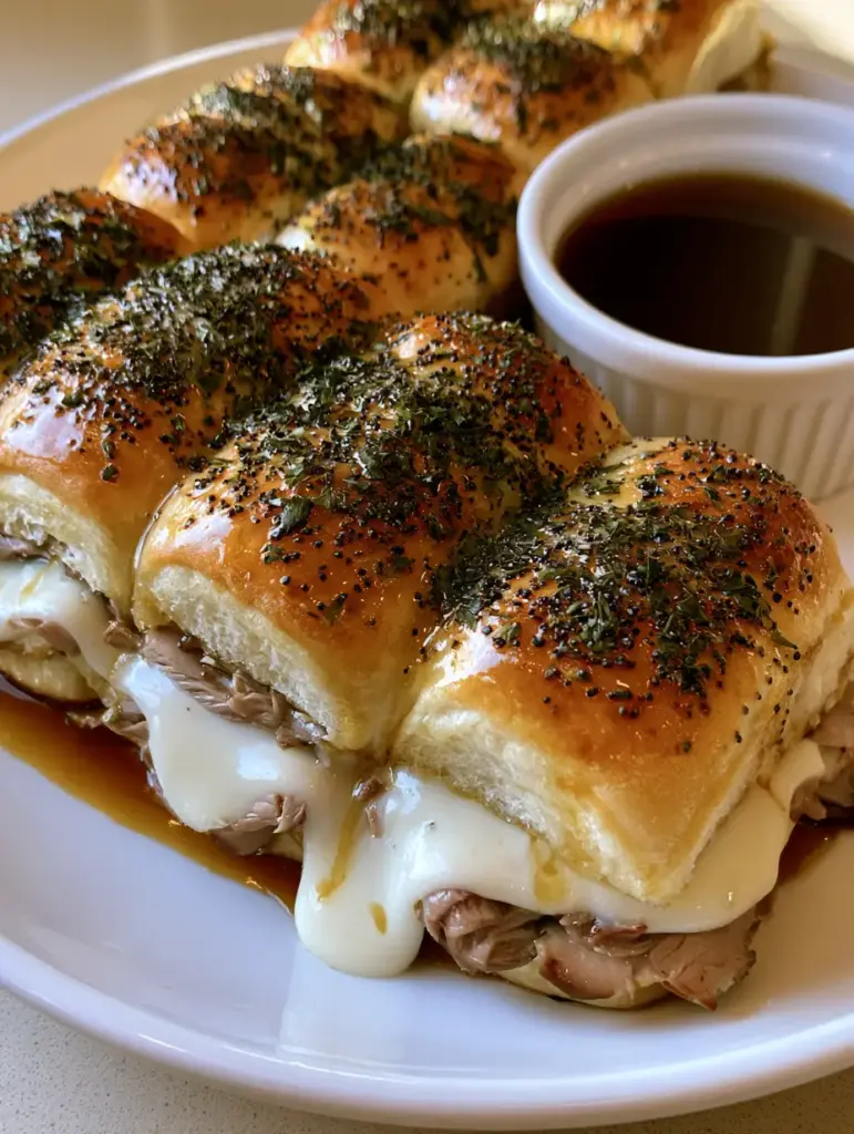 French Dip Squares with Savory Au Jus Gravy 1 Macro shot of a handheld French Dip Square showing the folded roast beef and glistening poppy seed glaze.