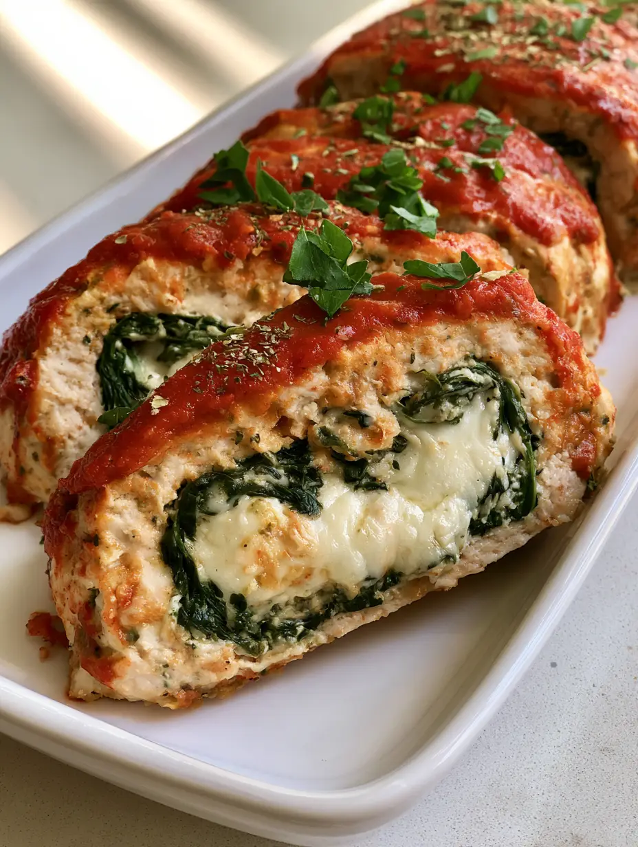 Parmesan Chicken Meatloaf with Spinach and Mozzarella 4 A close-up smartphone photo of Parmesan Chicken Meatloaf slices featuring a bright red caramelized marinara glaze and green herbs. (Parmesan Chicken Meatloaf)