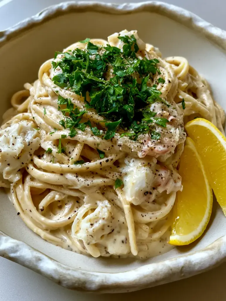 A close-up smartphone photo of creamy Crab Pasta Recipe with thick garlic sauce and lump crab chunks.