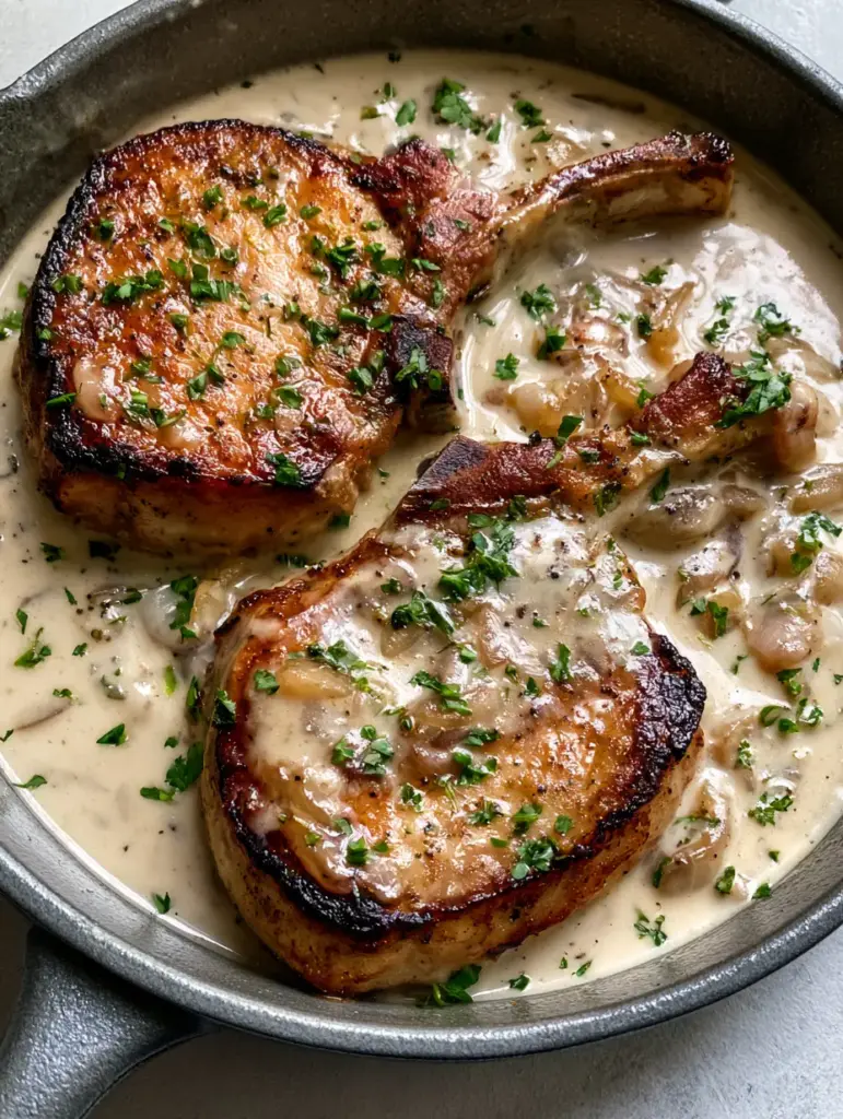 Top-down view of two thick bone-in pork chops with dark caramelized edges nestled in off-white onion gravy (Creamy Smothered Pork Chops).