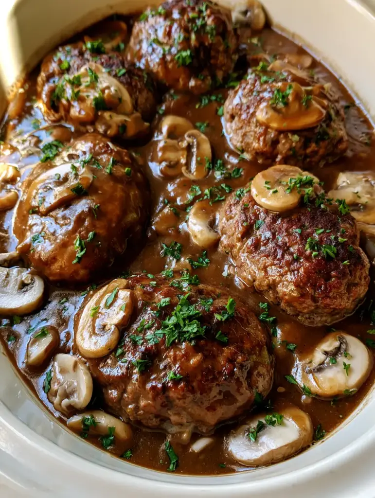 Crockpot Salisbury Steak: The Ultimate Juicy Seared Beef & Mushroom Gravy 1 Overhead shot of Crockpot Salisbury Steak in a white slow cooker insert, garnished with parsley.