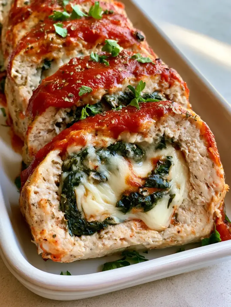 Parmesan Chicken Meatloaf with Spinach and Mozzarella 1 Slices of pale, seasoned ground chicken meatloaf stuffed with dark green spinach and white melted mozzarella cheese.