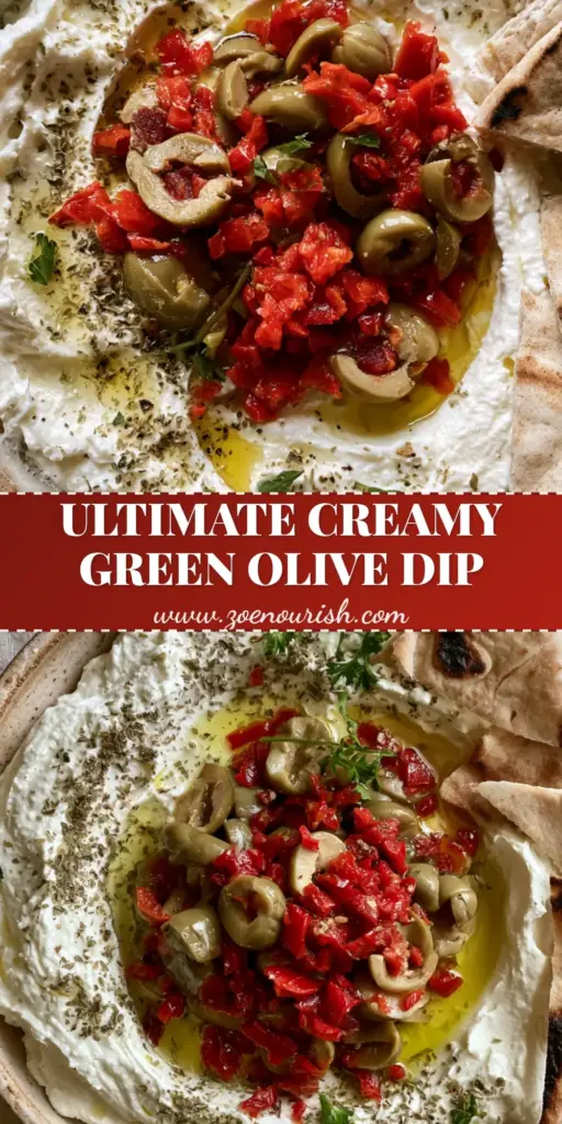 Green Olive Dip with Whipped Feta and Roasted Red Peppers 3 A rustic ceramic bowl of creamy Green Olive Dip with whipped feta, topped with sliced pimiento olives and charred pita bread on the side.