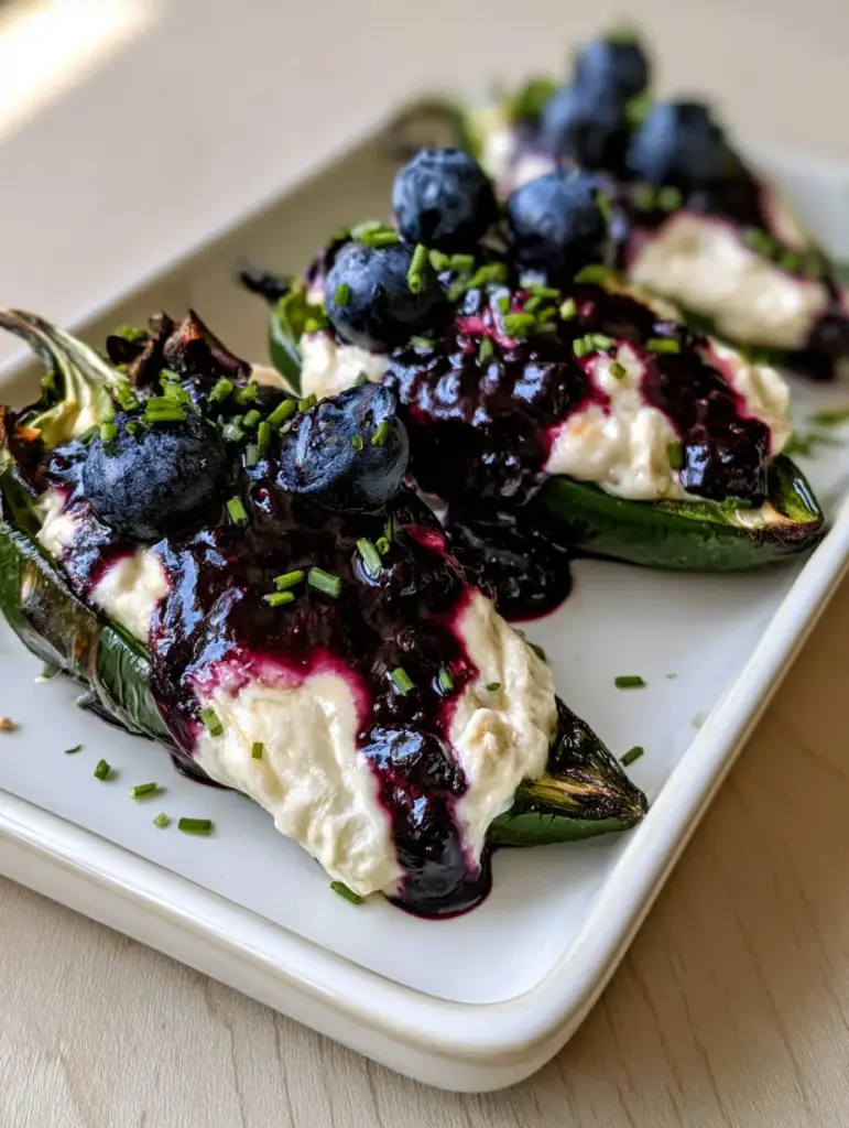 Blueberry Brie Jalapeño Poppers: The Ultimate Sweet and Spicy Appetizer 1 Overhead view of roasted jalapeño halves with charred skins, oozing brie cheese, and purple blueberry glaze.