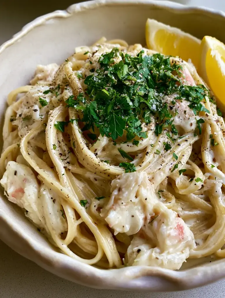 Crab Pasta Recipe with Creamy Garlic Sauce and Lump Crab 1 Linguine noodles coated in a thick garlic cream sauce with parsley garnish and lemon wedges. (Crab Pasta Recipe)