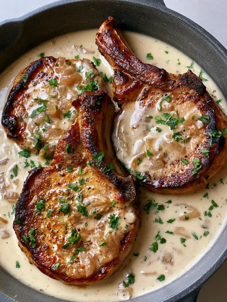 Creamy Smothered Pork Chops: The Ultimate Cast Iron Comfort Food 1 Close-up of translucent sauteed onion slivers and cracked black pepper in the gravy of Creamy Smothered Pork Chops.