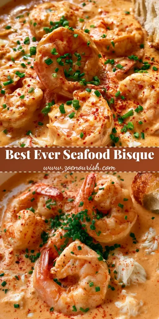 Crab and Shrimp Seafood Bisque: The Ultimate Creamy Seafood Soup 3 A luxurious white porcelain bowl of thick Crab and Shrimp Seafood Bisque topped with poached shrimp, lump crab, and green chives.