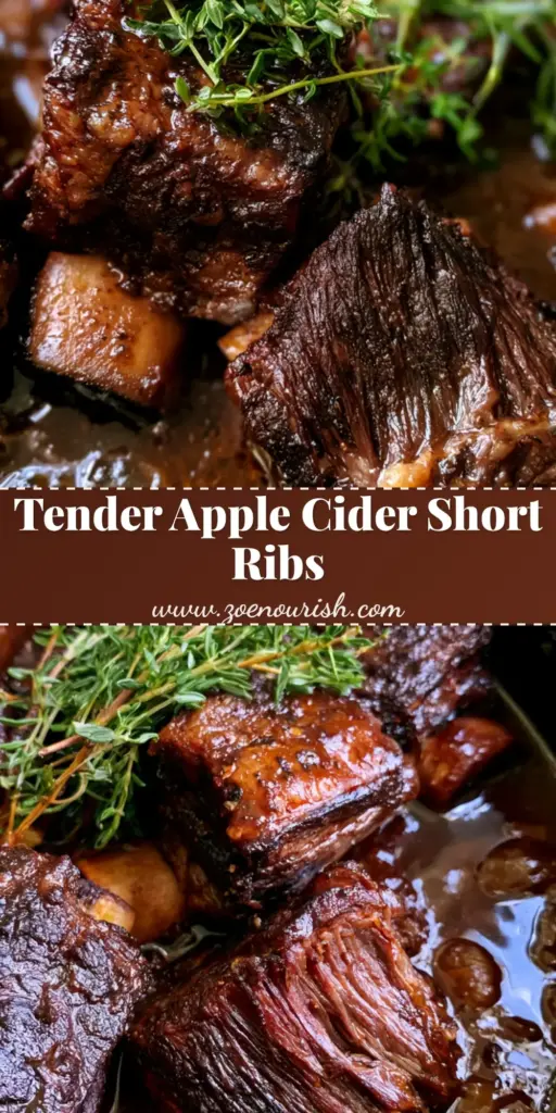 Apple Cider Braised Short Ribs with Mahogany Glaze 3 Overhead shot of bone-in Apple Cider Braised Short Ribs in a dark enameled pot with a mahogany-colored reduction and fresh green herbs.