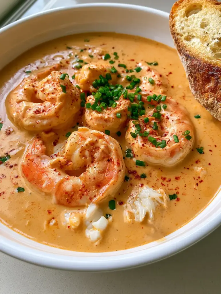 Home 6 Close-up of creamy orange seafood broth with whole poached shrimp and crab flakes in a white bowl. (Crab and Shrimp Seafood Bisque)