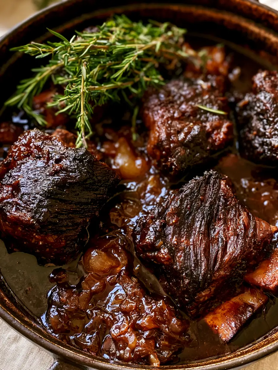 Apple Cider Braised Short Ribs with Mahogany Glaze 4 Close-up of seared beef short ribs showing tender fibers and a glossy cider reduction sauce in a rustic pot. (Apple Cider Braised Short Ribs)