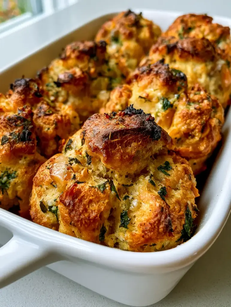 Handheld smartphone photo of a white ceramic rectangular baking dish filled with golden-brown Turkey Stuffing Balls.