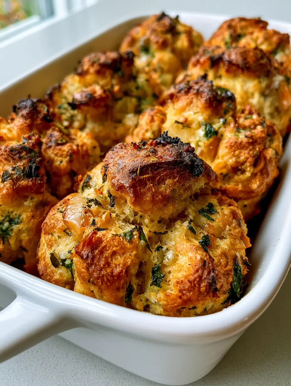 Turkey Stuffing Balls: The Ultimate Crispy and Moist Holiday Side Dish 4 Handheld smartphone photo of a white ceramic rectangular baking dish filled with golden-brown Turkey Stuffing Balls.
