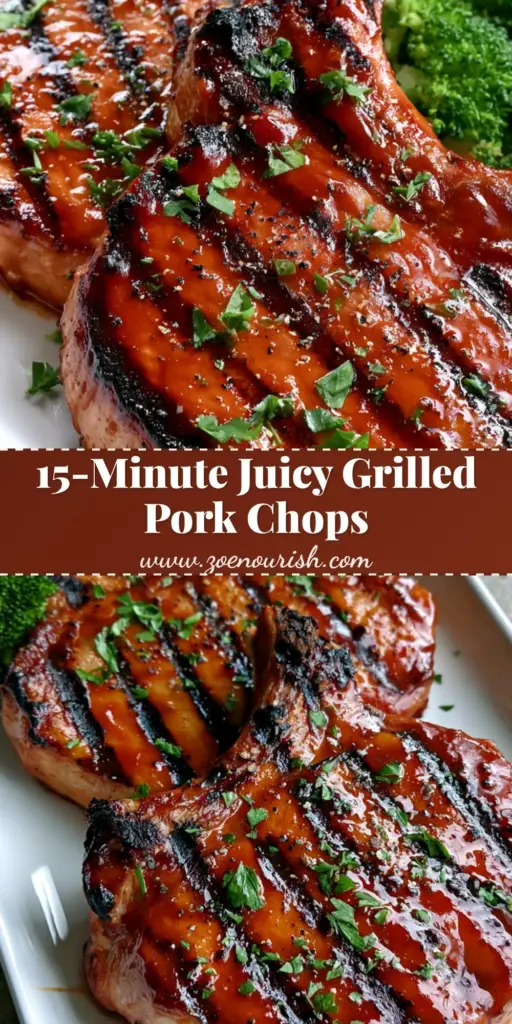 Grilled Pork Chop Marinade: The Secret to Juicy, Glossy Bone-in Chops 4 A top-down view of thick-cut bone-in pork chops with dark diagonal grill marks and a glossy reddish-brown glaze. (Grilled Pork Chop Marinade)