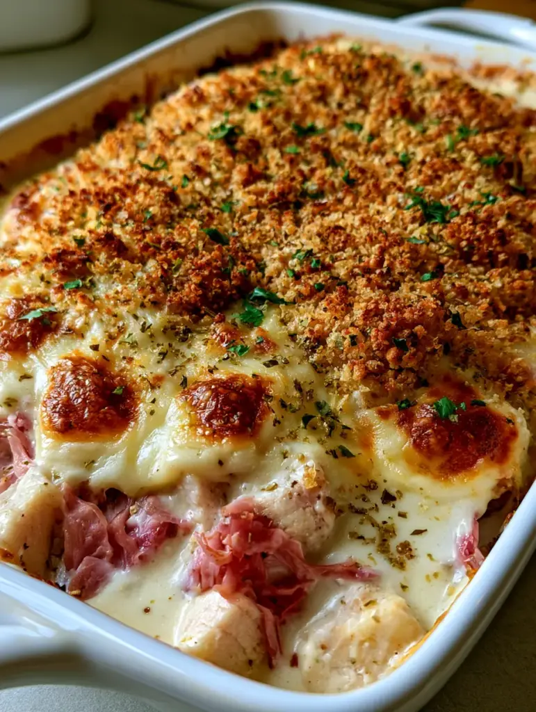Chicken Cordon Bleu Casserole: The Ultimate Creamy & Crunchy Comfort Food 1 A top-down view of the thick, glossy creamy white Mornay sauce bubbling beneath melted Swiss cheese in a Chicken Cordon Bleu Casserole.