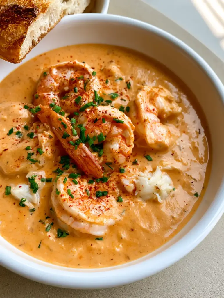 Crab and Shrimp Seafood Bisque: The Ultimate Creamy Seafood Soup 1 Artisanal toasted bread next to a bowl of Crab and Shrimp Seafood Bisque with cayenne pepper dusting.