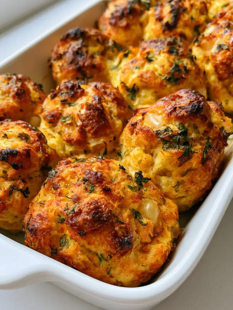 Turkey Stuffing Balls: The Ultimate Crispy and Moist Holiday Side Dish 1 Close up view of individual Turkey Stuffing Balls showing charred edges and parsley flakes.
