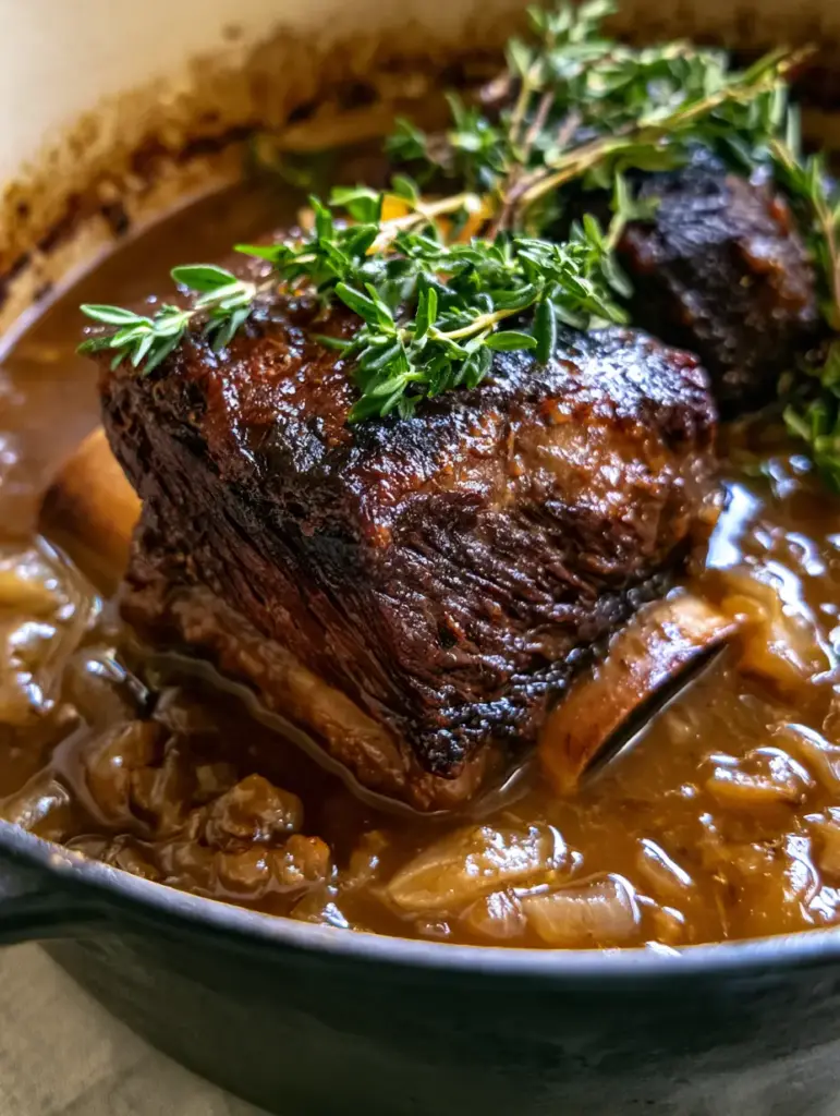 Apple Cider Braised Short Ribs with Mahogany Glaze 1 Overhead view of braised short ribs garnished with fresh rosemary and thyme sprigs in a dark enameled pot.