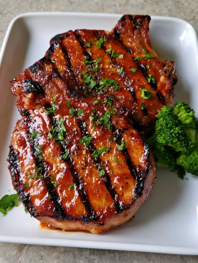 Close-up of two grilled pork chops with deep char marks and parsley garnish on a white plate. (Grilled Pork Chop Marinade)