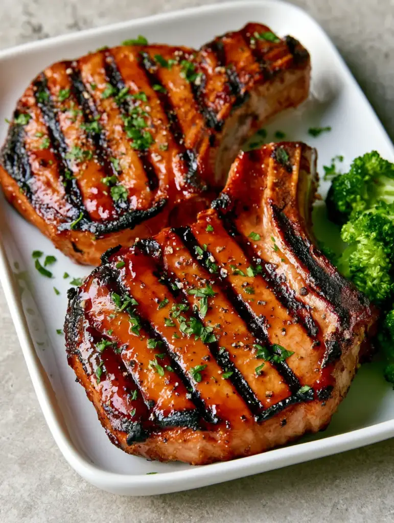 Grilled Pork Chop Marinade: The Secret to Juicy, Glossy Bone-in Chops 1 Thick bone-in pork chops served with vibrant green steamed broccoli on a stone countertop.