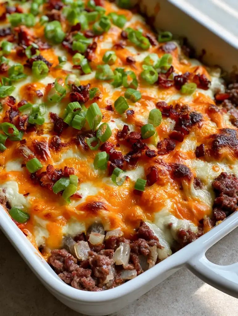 Cheesy Meatloaf Casserole: The Ultimate Loaded Family Comfort Food 1 A bubbling white ceramic dish of Cheesy Meatloaf Casserole showing charred cheese patches and bacon bits.
