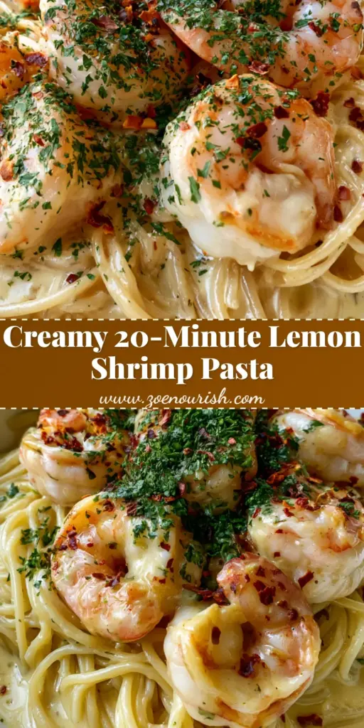 Creamy Lemon Garlic Butter Shrimp Pasta: The Ultimate 20-Minute Dinner 4 A top-down view of Creamy Lemon Garlic Butter Shrimp Pasta in a white bowl showing succulent pink shrimp, glossy noodles, and fresh parsley garnish.