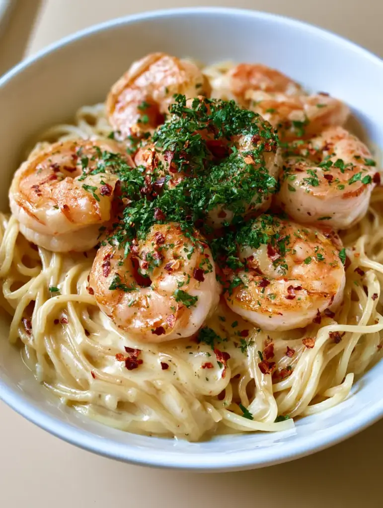 Handheld smartphone photo of Creamy Lemon Garlic Butter Shrimp Pasta in a white ceramic bowl with natural daylight.