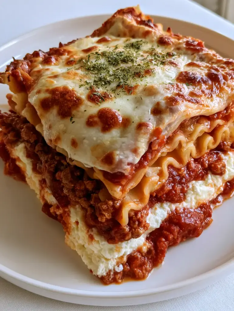 Close up of Restaurant Style Lasagna with melted mozzarella and golden-brown parmesan blister spots.