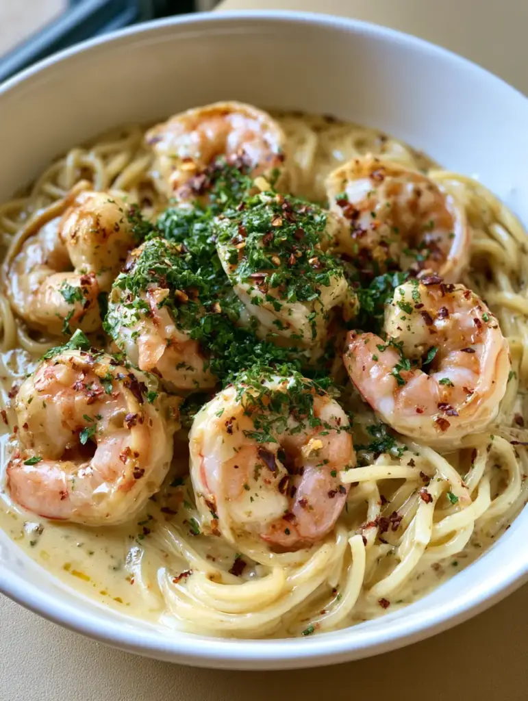 Creamy Lemon Garlic Butter Shrimp Pasta: The Ultimate 20-Minute Dinner 1 Close up of seared pink shrimp with golden edges on top of creamy spaghetti with red pepper flakes and parsley.