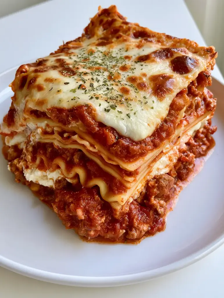 Restaurant Style Lasagna with Blistered Parmesan and Thick Meat Sauce 1 Overhead view of a slice of Restaurant Style Lasagna with thick tomato meat sauce and dried parsley flakes.