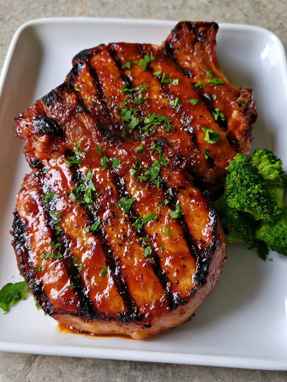 Close up shot of thick bone-in grilled pork chops with deep char marks and parsley garnish. (Grilled Pork Chop Marinade)