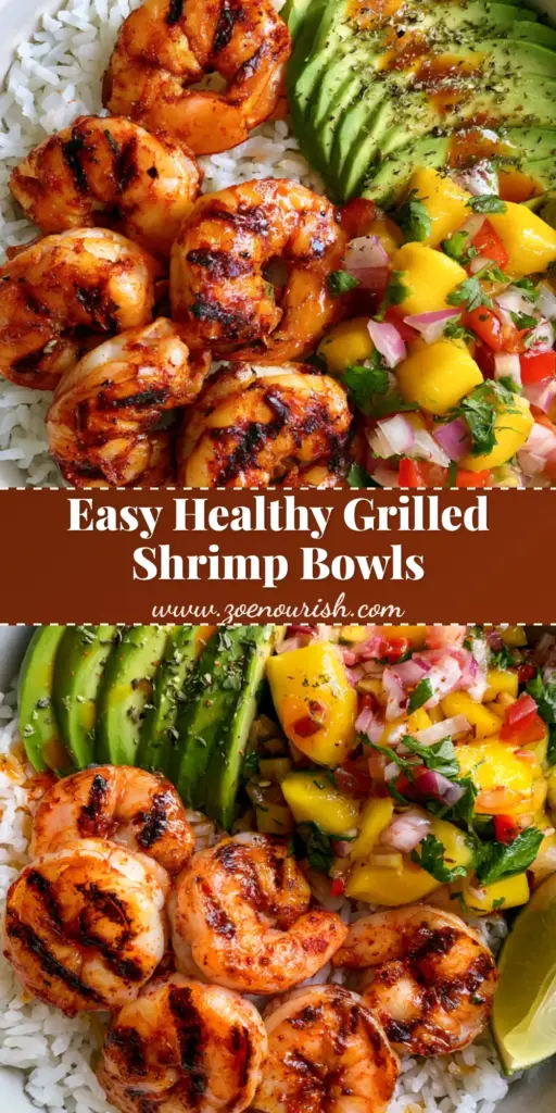 Grilled Shrimp and Avocado Bowl with Zesty Mango Salsa 4 A healthy Grilled Shrimp and Avocado Bowl featuring charred chili shrimp, sliced avocado, and fresh mango salsa over white rice.