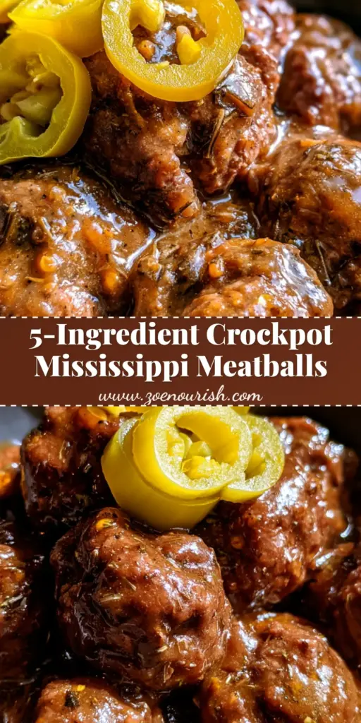 A rustic dark bowl filled with Mississippi Meatballs coated in thick brown gravy and topped with bright yellow-green pepperoncini rings.