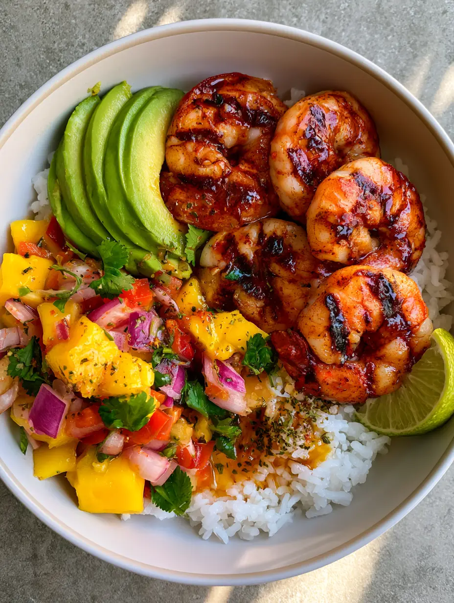 Grilled Shrimp and Avocado Bowl with Zesty Mango Salsa 3 Top down view of a Grilled Shrimp and Avocado Bowl in a matte white ceramic dish on a stone background.