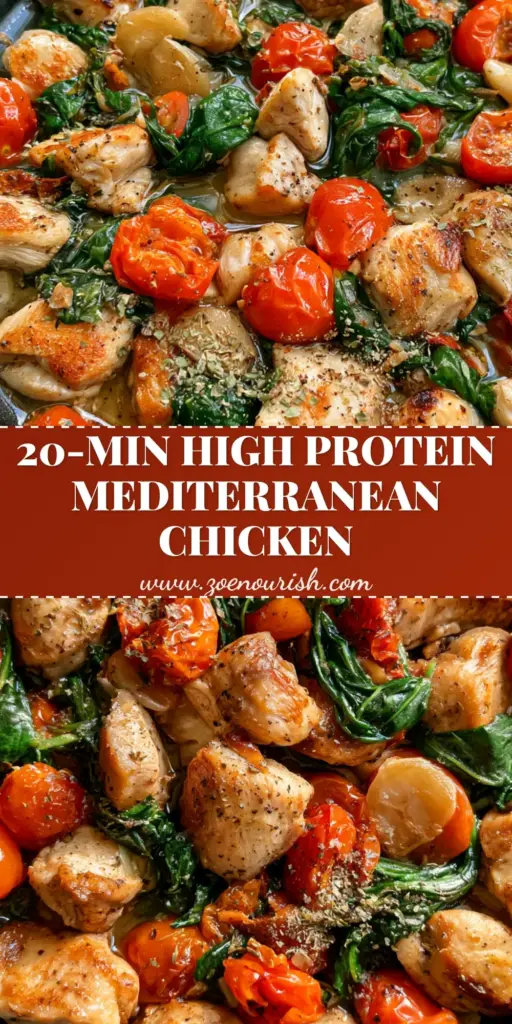 Mediterranean Chicken Stir Fry with Blistered Tomatoes and Spinach 3 A top-down view of a black cast iron skillet containing Mediterranean Chicken Stir Fry with golden chicken, blistered tomatoes, and wilted spinach.