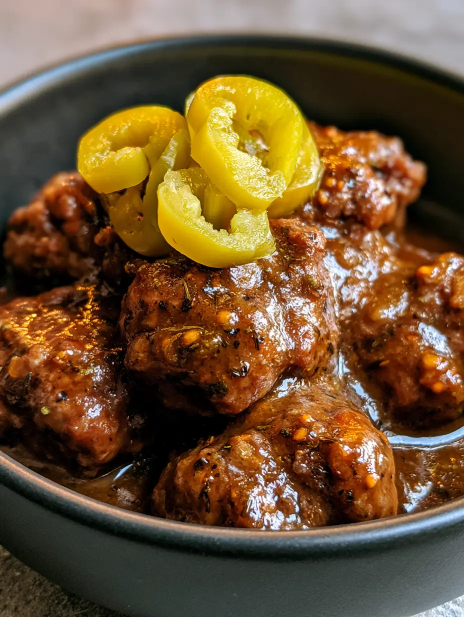 Close up handheld photo of tender Mississippi Meatballs showing the shimmering brown au jus and dried ranch herb flecks.