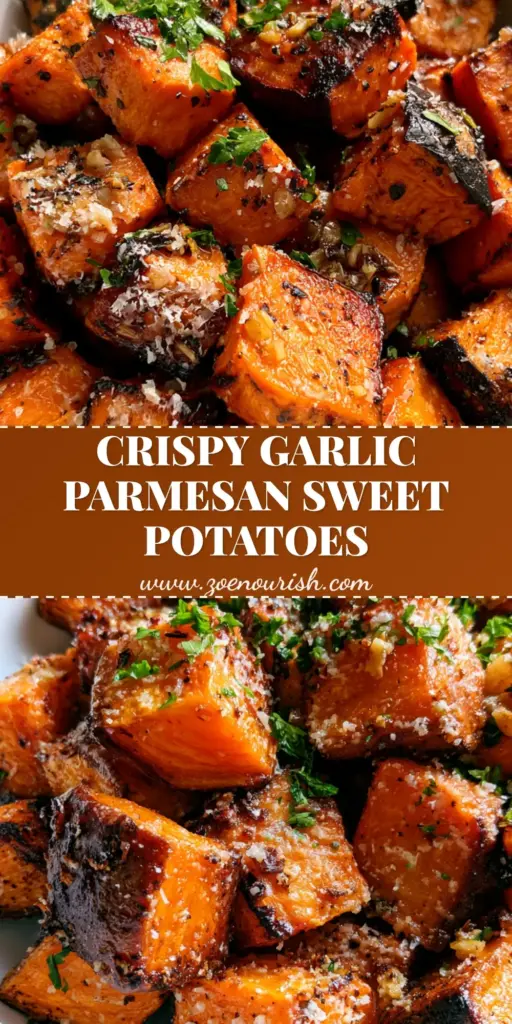 Garlic Parmesan Roasted Sweet Potatoes with Crispy Caramelized Edges 4 A shallow white bowl filled with Garlic Parmesan Roasted Sweet Potatoes featuring crispy caramelized edges and fresh parsley garnish.