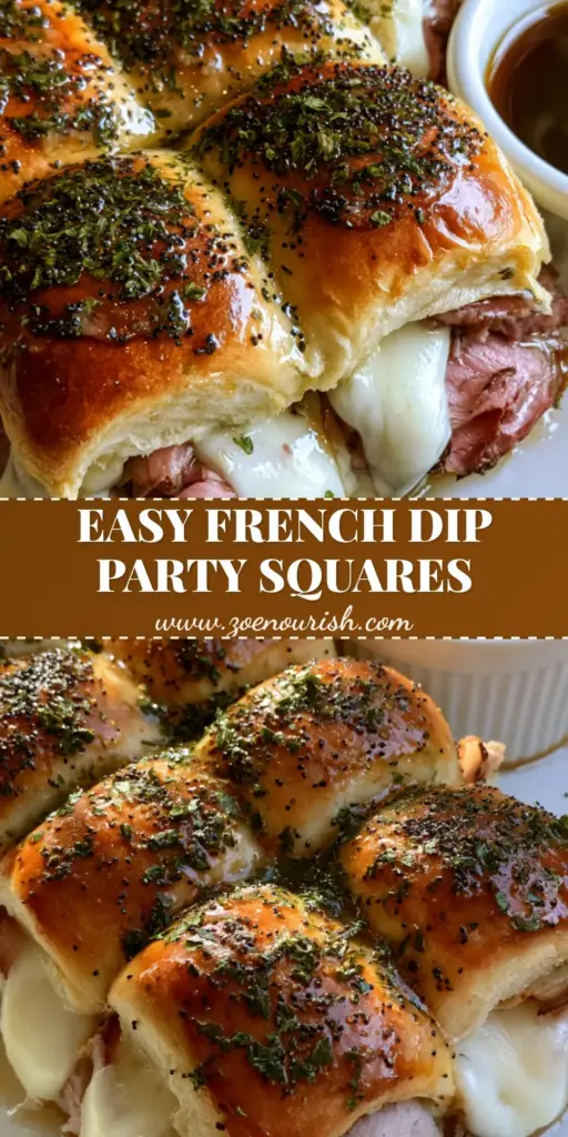 French Dip Squares with Savory Au Jus Gravy 3 A close up photo of pull-apart French Dip Squares on a white platter, showing melted provolone cheese and poppy seed crust.