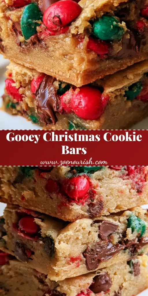 Christmas Cookie Bars: The Thickest, Gooiest Holiday Blondies 4 A vertical photo of a tall stack of Christmas Cookie Bars filled with red and green candies and melted chocolate chips on a white plate.