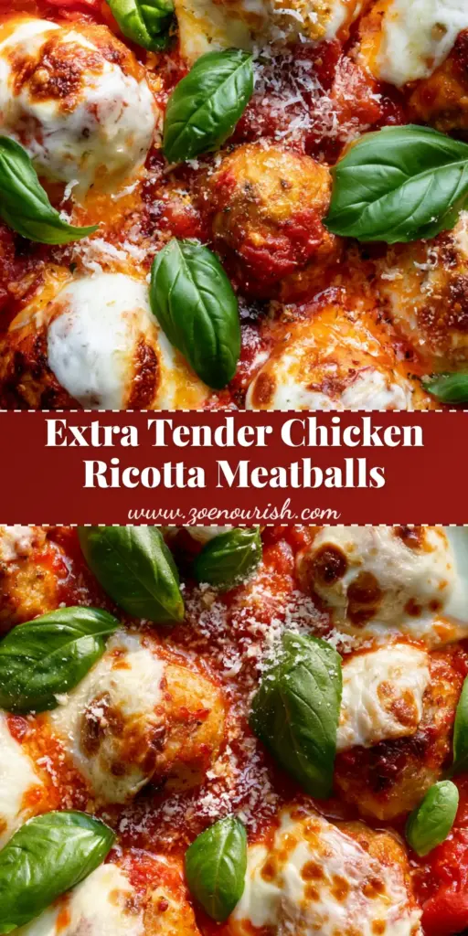Chicken Ricotta Meatballs: The Juiciest Cheesy Skillet Dinner 3 A black cast iron skillet filled with golden-brown Chicken Ricotta Meatballs nestled in thick red sauce and melted mozzarella.