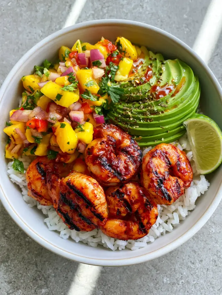Grilled Shrimp and Avocado Bowl with Zesty Mango Salsa 1 Close up of charred shrimp and mango salsa in a Grilled Shrimp and Avocado Bowl.